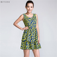 七格格蜜逸卡 时尚夏季 雪纺修身荷叶边树叶印