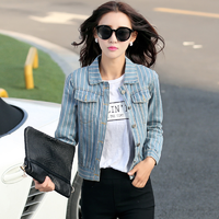 2015秋季新款韩版<em>女装</em>百搭撞色<em>条纹</em>牛仔长袖